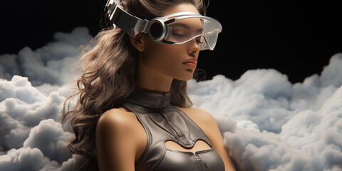 Super sexy Model Frau mit Cyberspace Brille ganz entspannt mit futuristischen Hintergrund über den Wolken Nahaufnahme, ai generativ - obrazy, fototapety, plakaty