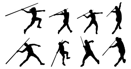 set of silhouette of athlete javelin throw pose bundle. isolated on a white background.