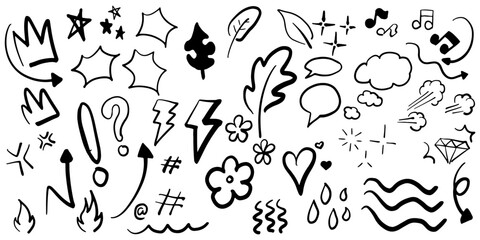 hand drawn elements doodle bundle set. isolated on a white background.