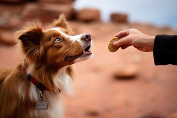 A dog being tempted by treats or food in a person's outstretched hand