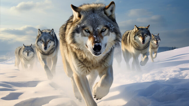 Three wolfs running on the snow in winter, 3d illustration