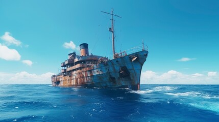 majestic rusty ship floating in the middle of the lost and old sea with a beautiful sky - obrazy, fototapety, plakaty