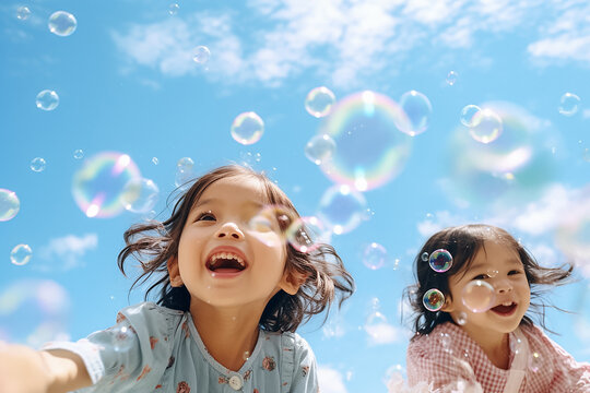 A photo of a happy family or sibling spending free time together on a sunny day while colorful bubbles floating in the air.Generative AI.