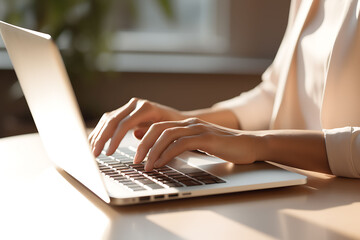 Retrato en primer plano escribiendo en el teclado de una computadora portátil. Trabajando en línea en una mesa blanca en la oficina. - obrazy, fototapety, plakaty