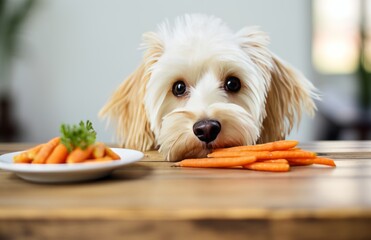 dog sitting with carrots, food is served across a wooden floor,prepare to eating food