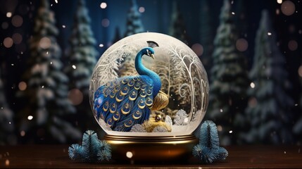 Fototapeta na wymiar Christmas or New Year greeting card. Glass transparent ball golden peacock inside with decorative Christmas trees around on snow covered moss with winter forest at background. Xmas holidays