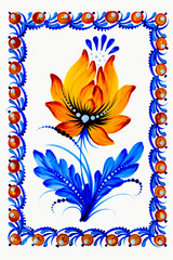 Flowers arrangement and frame. Watercolor illustration.