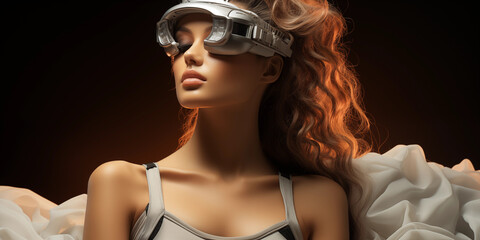 Obraz premium Super sexy Model Frau mit Cyberspace Brille ganz entspannt mit futuristischen Hintergrund über den Wolken Nahaufnahme, ai generativ