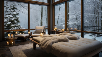 A cozy room from the windows you can see the snow in the winter season
