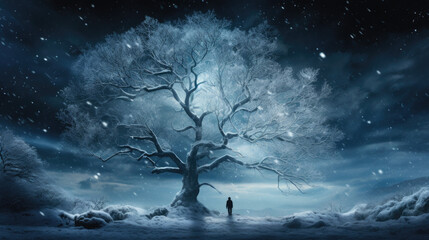 Illustration of a tree in winter with a little person next to it at night