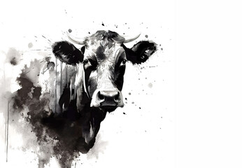 Black and white watercolor painting of a cow on a white background. Farm animals. - obrazy, fototapety, plakaty