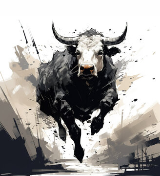 Painting of bull is angry running on a white background. Wild animal.