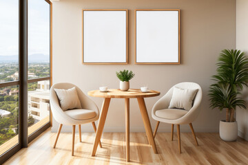 Fototapeta premium Modern minimalist living room with urban view, elegant furniture, and a touch of greenery.