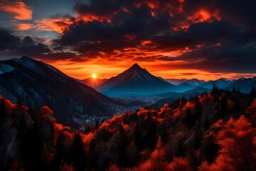 A mountain silhouette against a fiery sunset
