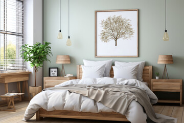 Modern and tranquil bedroom interior with minimalist design, wooden furniture, and a framed tree artwork on the wall.