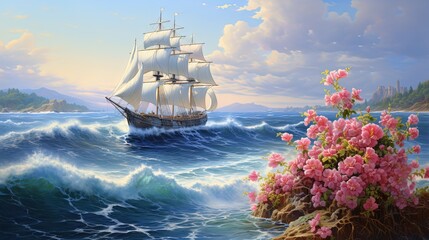 painting style illustration, sailing boat in rough sea with flower blossom, generative Ai - obrazy, fototapety, plakaty