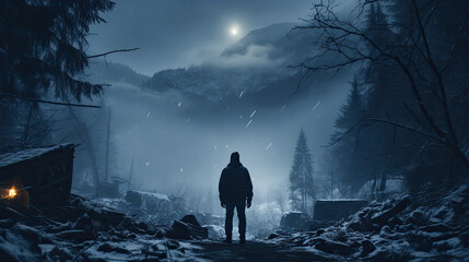 A man stands in a forest in winter under a full moon
