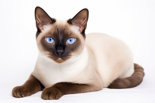 Photo of a graceful Burmese cat with its expressive eyes on a clean white sheet. Generative AI