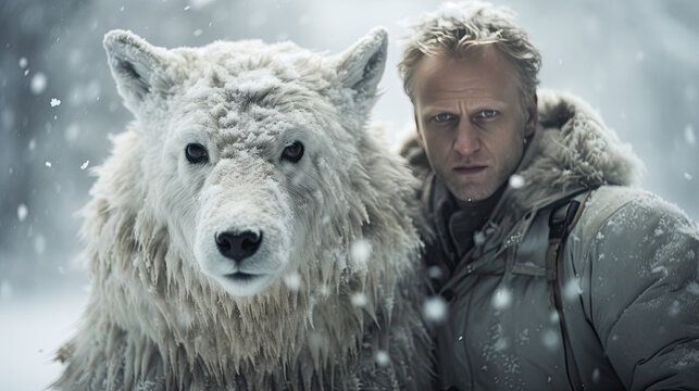 A large white dog with a man outside during snowfall in winter