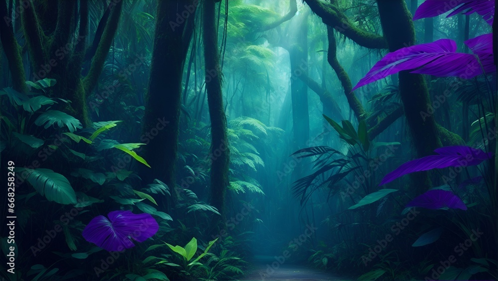 Poster gradient reverie in background. dynamic banner background image. gradient rainforest reverie