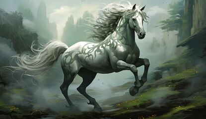 Obraz na płótnie Canvas illustration of pale greenish gray Horse in nature landscape, Generative Ai