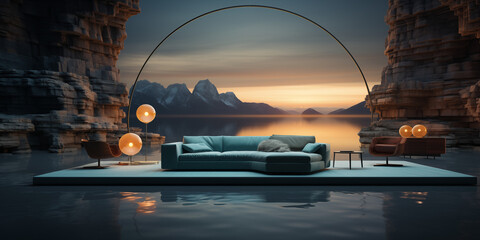 Moderne Wohnzimmer Couch im wellnes Blau im Relax Raum Querformat für Banner, ai generativ - obrazy, fototapety, plakaty