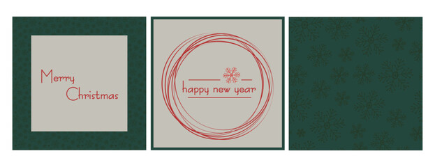A set of greeting, holiday cards, covers. Christmas design with seamless pattern with snowflakes on green background. Christmas snowflakes, text, decor.
Happy New Year and Christmas greeting. 