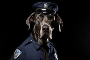 Photo of a Great Dane dressed as a stern police officer with a white background. Generative AI - obrazy, fototapety, plakaty