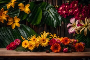 A Wooden table in front of a tropical flower-filled backdrop. for the display and showcasing of goods