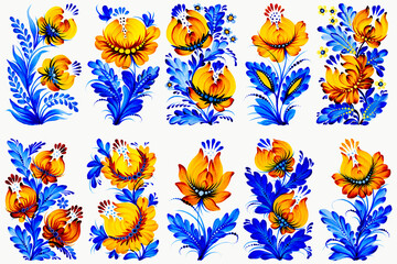 Set of hand drawn flowers and leaves. Botanical watercolor illustration.