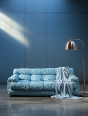Moderne Wohnzimmer Couch im wellnes Blau im Relax Raum, ai generativ - obrazy, fototapety, plakaty