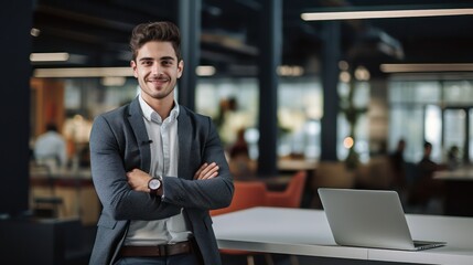 Happy smiling middle aged professional business man company executive ceo manager wearing blue suit sitting at desk in office working on laptop computer laughing at workplace. Portrait.