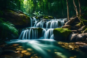 Amazing natural view of small waterfall in tropical green forest landscape. Scenery of nature, river and lake in forest with awesome water