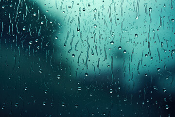 Teal Raindrops on Glass Background