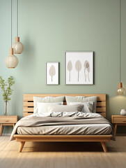 Stilvolles Schlafzimmer in mint grün Ton und schöner Dekoration im modernen Ambiente, ai generativ - obrazy, fototapety, plakaty