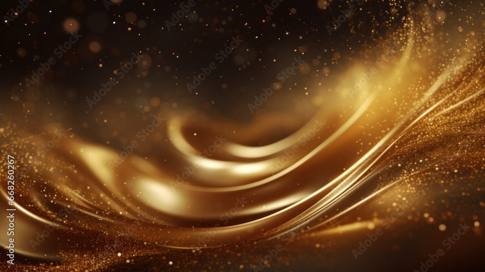 Poster abstract luxury light curve swirling gold background with gold particle, generative ai
