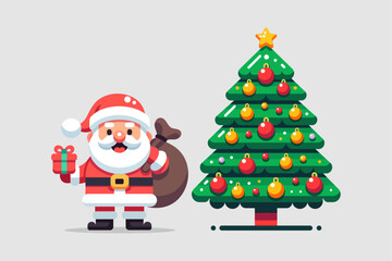 A cheerful Santa Claus holding a gift bag. A Christmas tree adorned with ornaments.
