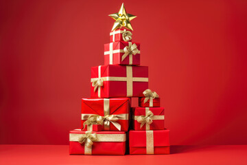 A stack of red gift boxes with gold ribbons in the shape of a christmas tree on red studio background. Birthday, Christmas or New Year present on minimal style