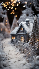 Naklejka premium Christmas village model - lights - holiday spirit - festive - decorations - house - Christmas tree - vertical shot 