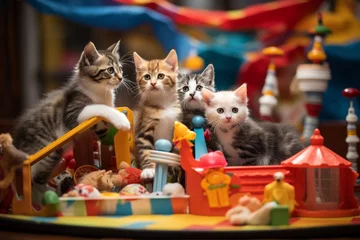 Foto op Aluminium Photo of a group of kittens hosting a miniature carnival with rides and games. Generative AI © Aditya