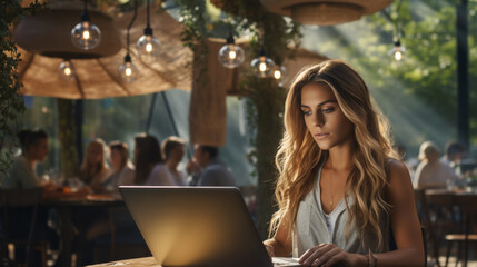 Female freelancer using laptop at Coffee shop, young woman browsing internet, chatting, blogging