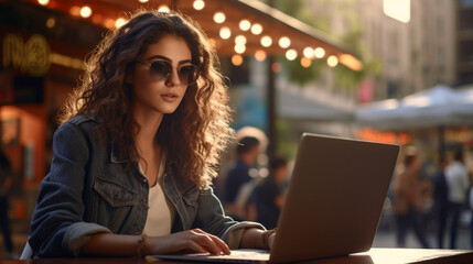 Female freelancer using laptop at Coffee shop, young woman browsing internet, chatting, blogging