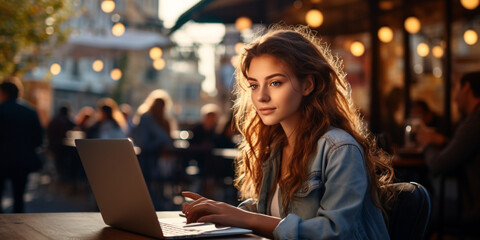 Fototapeta na wymiar Female freelancer using laptop at Coffee shop, young woman browsing internet, chatting, blogging