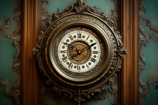 Weathered Old clock on brick wall. Retro time concept. Generate Ai