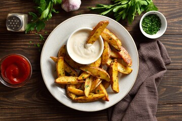 Baked potato wedges with sauce
