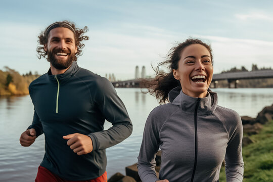 A portrait of a running couple, wearing workout tank tops, are doing exercise together with a smile on their face in the evening at the park was shot on a blurry lake background.Generative AI.