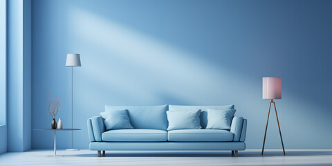Moderne Wohnzimmer Couch im wellnes Blau im Relax Raum Querformat für Banner, ai generativ