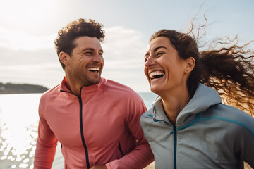 A portrait of a running couple, wearing workout tank tops, are doing exercise together with a smile...