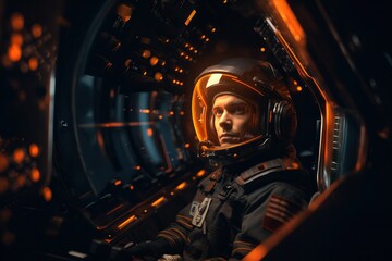 Portrait of Caucasian male astronaut inside spaceship cockpit,  Generative AI