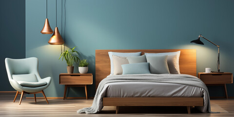 Stilvolles Schlafzimmer in blau Ton und schöner Dekoration im modernen Ambiente, ai generativ - obrazy, fototapety, plakaty